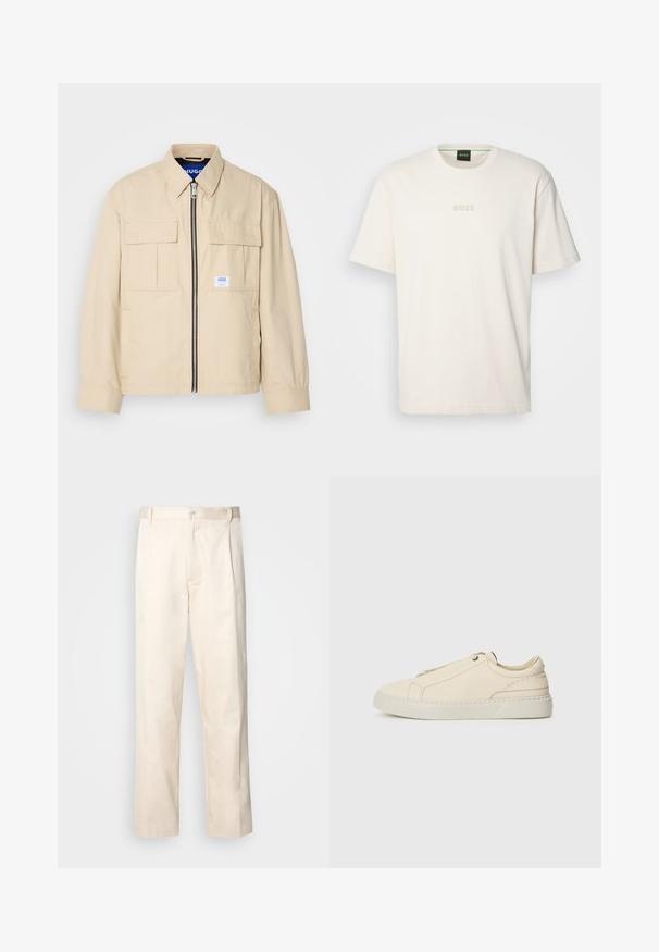 Jachetă bej cu fermoar frontal, două buzunare pe piept și o mică etichetă de marcă. Fabricată dintr-un material fin și ușor.; BOSS TEE - Tricou basic - open white; Pantaloni din bumbac bej, cu croială dreaptă, dotati cu închidere cu nasture și pliuri în față pentru un plus de detaliu.; Adidași din piele bej cu vârful rotunjit, design minimalist, detalii subtile de cusătură și un superior texturat, pe o talpă deschisă.