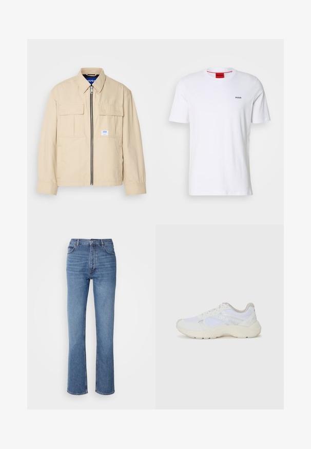 Beige jacket featuring a front zipper, two chest pockets, and a small branding label. Made from a smooth, lightweight fabric.; White cotton t-shirt with short sleeves, a round neckline, and small black "HUGO" logo on the left chest. Features red inner neck label.; Blue denim jeans with a high waist, straight-leg design, and subtle fading. Features classic five-pocket styling and a zip fly closure.; White athletic shoes made of mesh and suede, featuring a textured midsole, textured accents, and "HUGO" logo on the side.