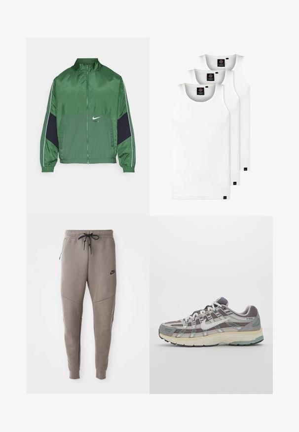 Green nylon zip-up jacket with a high collar, featuring navy accents, ribbed cuffs, and a small white logo on the front.; Three white ribbed tank tops made of cotton. Features a crew neck and small black labels near the hem. Available in multiple sizes.; Gray Nike sweatpants with a drawstring waistband, tapered legs, side pockets, and distinct seam detailing. Soft, textured fabric.; Gray athletic shoe featuring a mesh and suede upper, white accents, a cushioned sole, and a distinctive design with reflective elements.