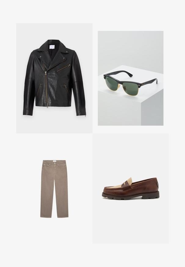Jachetă de motocicletă din piele neagră, cu gât ascuțit, fermoar frontal asimetric și mai multe buzunare cu fermoar. Suprafață texturată și design ajustat.; Top din bumbac alb, cu decolteu rotund, bretele late și margine dreaptă, având o textură fină și fără modele vizibile.; Jeans drepti maro, cu un design cu cinci buzunare, accesorii metalice și o textură netedă. Țesătura are un model subtil și uniform.; Loaferi din piele maro cu un accent din pânză taupe, detalii cusute și o talpă din cauciuc texturat, proiectați pentru confort și durabilitate.; Ochelari de soare Ray-Ban cu lentile verzi, rame din plastic negru și accente aurii pe margini. Formă pătrată cu un finisaj mat.