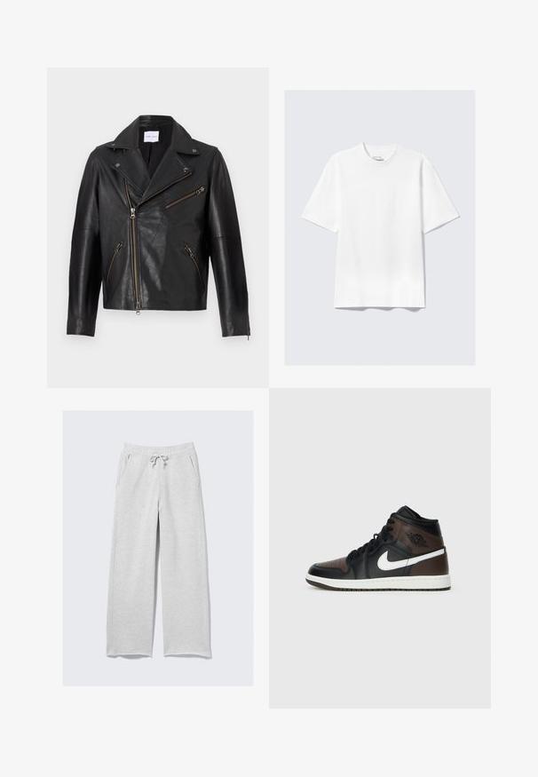 Sorte lædermotorcykeljakke med en skåren krave, asymmetrisk frontlynlås og flere lynlåslommer. Struktureret overflade og tætsiddende design.; Simpel hvid kortærmet t-shirt med afslappet pasform, lagt fladt på en lys grå baggrund.; Lys grå sweatpants lavet af blødt stof, med elastisk talje og snoretræk samt sidelommer. Løst, lige ben design.; Sorte og brune high-top sneakers med læderoverdel, hvid swoosh-logo, perforeret tå og gummisål. Har sorte snørebånd og krave.