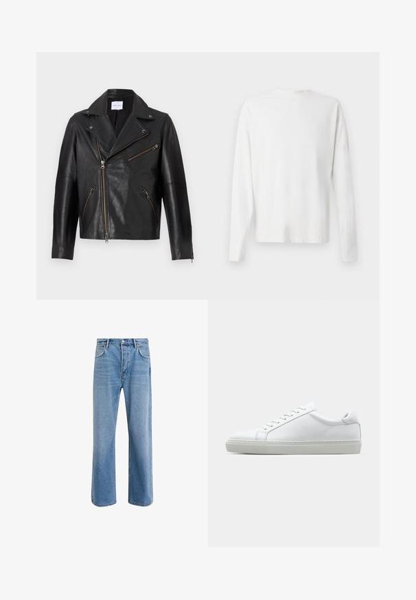 Sorte lædermotorcykeljakke med en skåren krave, asymmetrisk frontlynlås og flere lynlåslommer. Struktureret overflade og tætsiddende design.; Langærmet hvid bomulds skjorte med rund halsudskæring, sideslids i bunden og en glat overflade, vist bagfra.; Lyseblå denim jeans med lige ben-design, fem lommer, knaplukning, minimal falming og kontraststingdetaljer.; Hvide sneakers med en glat læderoverdel og lav profil. Har en rund tå, seks snørehuller og en tekstureret gummisål.