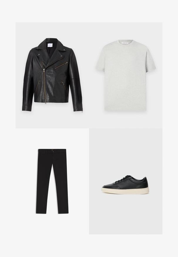 Black leather motorcycle jacket with a notched collar, asymmetric front zipper, and multiple zippered pockets. Textured surface and fitted design.; Light grey short-sleeve t-shirt made of soft material, featuring a round crew neck and a relaxed fit with no visible patterns or accents.; Black trousers made of fabric with a smooth texture. Features a button closure, belt loops, and side pockets. Standard straight-leg design.; Black low-top leather sneaker with black laces and off-white sole shown in side profile on white background.