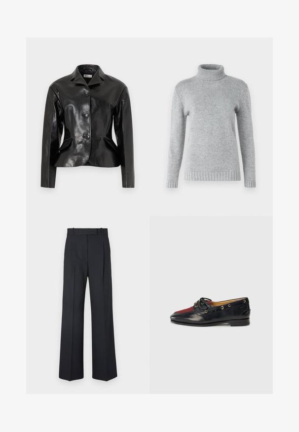 Bally Nahkatakki - black; Vaaleanharmaa pooloneulepaita, joka on valmistettu pehmeästä neuloksesta. Paidassa on pitkät hiat ja ribbireunus kauluksessa sekä helmassa.; Tummansiniset raidalliset housut, joissa on korkea vyötärö, leveät lahkeet ja ei näkyviä metalliosia tai koristeita. Sileä pinta ja räätälöity istuvuus.; Musta nahkainen venetossu, jossa on punainen samettinen varvas, kultaiset silmukkarenkaat ja koristeellinen nauha. Sileä pinta ja matala lohkokorko.