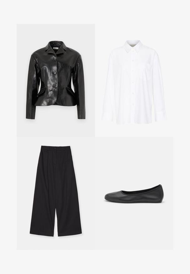 Bally Læderjakker - black; Hvid langærmet skjorte med krave lavet af bomuld. Har en knaplukning fortil og en enkelt brystlomme. Glat tekstur, afslappet pasform.; Sorte brede bukser lavet af et glat stof, med høj talje, forskydninger foran, knaplukning og en lige silhuet.; Sort læderballetsko med rund tå, glat tekstur, minimal syning og et fleksibelt såldesign.