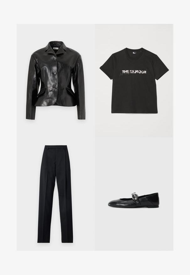 Bally Odinis švarkas - black; Juodas medvilninis marškinėliai trumpomis rankovėmis, su spausdintu baltu ir pilku „THE 2LOOK“ dizainu priekyje. Klasikinis apvalus iškirpimas.; Juodos kelnės iš lygaus audinio, pasižyminčios aukštu liemeniu, plačiomis kojomis, priekinėmis klostėmis ir klasikiais diržo kilpomis. Šoninių kišenių nematyti.; Juodų odinių baletinių batelių su smailiu nosiu, su užrišamu dirželiu su apvalia metaline sagtimi ir plokščiu padu.