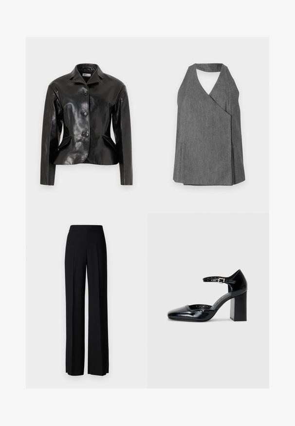 Bally Casaco de couro - black; Top halter em denim cinza com um design envolvente, apresentando um decote em V e fendas laterais. Textura suave com detalhes de costura discretos.; Calças largas pretas com uma textura suave, apresentando uma cintura alta e pregas centrais. Sem padrões visíveis ou detalhes em metal.; Sapatos de salto alto em pele envernizada preta, com bico quadrado, tira no tornozelo e salto robusto. Inclui detalhes perfurados ao longo da borda.