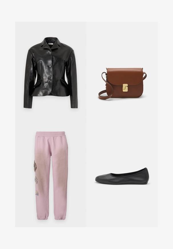 Bally Nahkjakk - black; Pikkade varrukatega valge T-särk, mis on valmistatud ribakujulisest puuvillast, ümmarguse kaeluse ja sirge hemiga. Lihtne disain ilma mustrite või aktsentideta.; Roosa spordipüksid elastse paelaga vööl, millel on vasakul küljel dekoratiivsed rombikujulised plaastrid ja elastsed mansetid pahkluude juures.; Musthave mustika tantsutossud mustast nahast, ümmarguse varbaga, siledast tekstuurist, minimaalse õmblusdetailiga ja paindliku tallakujundusega.; Pruunist nahast käekott, millel on klapiga sulgur, kuldne riistvara, õlarihm ja sile tekstuur. Kompaktne ristkülikukujuline vorm.