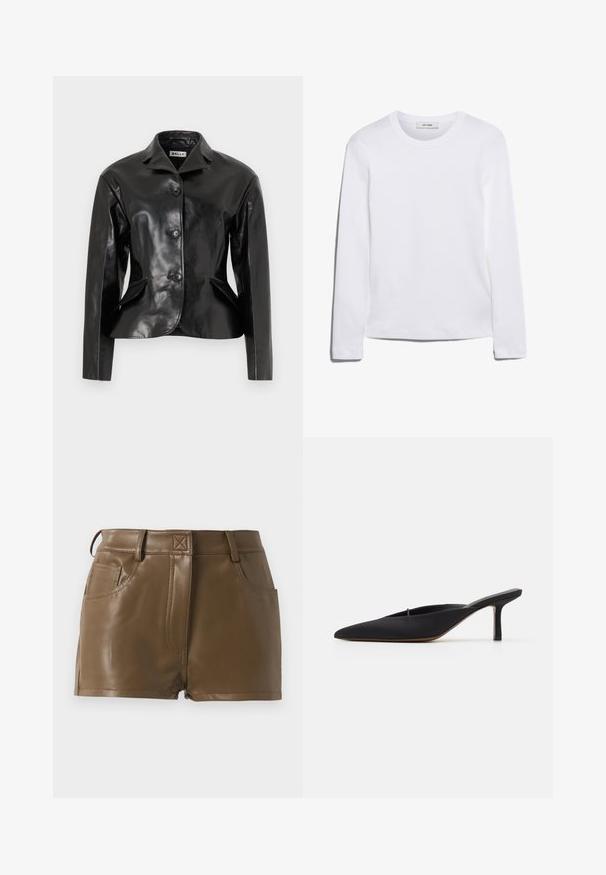 Bally Bőrdzseki - black; Hosszú ujjú fehér póló bordázott pamutból, kerek nyakkivágással és egyenes szegéllyel. Egyszerű dizájn, minta vagy díszítések nélkül.; Barna műbőr rövidnadrág, testhez álló szabással, övlyukakkal ellátott derekkal, elülső zsebekkel és látható varrási részletekkel.; Fekete, hegyes orrú mules, elegáns dizájnnal, sima textíliából készült, karcsú sarokkal és nyitott hátsó résszel a könnyű felvétele érdekében.