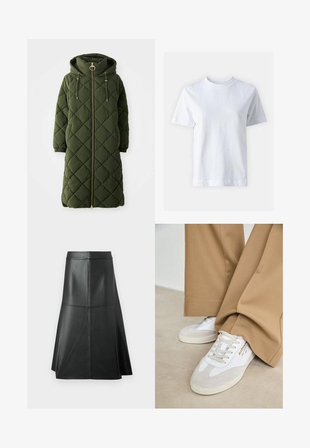 Casaco acolchoado longo em verde oliva, com capuz, fecho de correr frontal, detalhes em dourado, cordões de ajuste e punhos elásticos. Textura em padrão de losangos.; Camisa de algodão branca com decote redondo, mangas curtas, corte reto e textura suave. Sem padrões ou adornos.; Saia A-line de couro preto, com textura suave, comprimento até a meia panturrilha, apresenta detalhes de costura horizontal na cintura e nas costuras para adicionar estrutura.; Tênis brancos com detalhes em camurça, atacadores texturizados e sola de borracha. Combinados com calças largas cor bege. Logótipo exibido na lateral.
