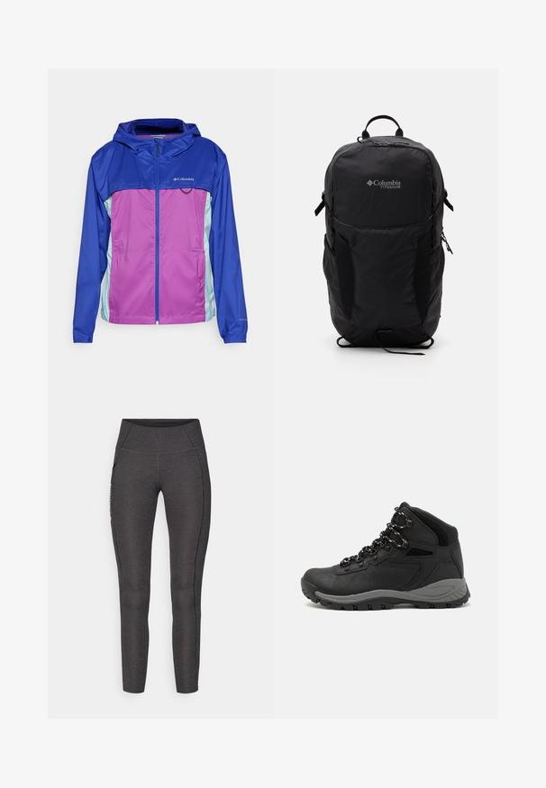 Jachetă rezistentă la apă, dotată cu glugă, închidere cu fermoar, design în culori blocate în nuanțe de albastru, mov și teal deschis, cu manșete elastice și detalii cu logo.; Tricou negru Columbia cu artă liniară albă circulară reprezentând munți și un râu, împreună cu textul "Columbia Sportswear Company Afară din 1938."; Leggings cu talie înaltă, de culoare gri închis, fabricate dintr-un material texturat. Dispun de un design ajustat și buzunare laterale pentru depozitare.; Botă de drumeție neagră cu un design mediu, având un material texturat, accente gri și o talpă din cauciuc durabilă cu crampoane pentru aderență.; Rucsac Columbia Titanium negru, cu o textură de material neted, buzunare laterale, mânere superioare și curele ajustabile. Design minimalist cu o branding subtil.
