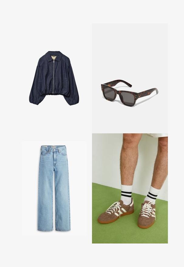 Ciemnoniebieska, krótka dżinsowa kurtka z przodu na zamek błyskawiczny, szerokimi długimi rękawami, kołnierzem oraz elastycznym dołem i mankietami.; Biały rybaczek z prążkowanej tkaniny, dopasowany fason, okrągły dekolt i bez rękawów. Wykonany z elastycznego materiału dla komfortu i swobody ruchów.; Jeansy o wysokim stanie, jasnoniebieskie, szerokie nogawki, z przednim guzikiem i zamkiem błyskawicznym, pętelkami na pasek oraz pięcioma kieszeniami.; Brązowe zamszowe sneakersy z białymi akcentami i sznurówkami. Gumowa, brązowa podeszwa. Noszone z białymi skarpetkami w czarne paski. Zielona teksturowana podłoga.; Słoneczne okulary w kolorze tortoishell z ciemnymi soczewkami, kwadratową oprawą i srebrnymi akcentami na przodzie. Wykonane z plastiku, lekkie i trwałe.; Brązowa torebka skórzana pleciona o luźnym, trójkątnym kształcie. Posiada pleciony uchwyt i zamek błyskawiczny na górze.