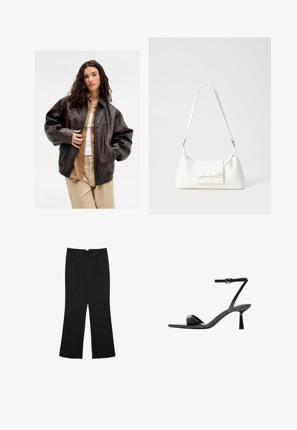 Mladá žena s dlhou kučeravou vlasmi, oblečená v tmavo hnedej koženej bunde cez béžovú košeľu a svetlé nohavice, stojaca pred jednoduchým pozadím.; Čierny tank top vyrobený z bavlny, s okrúhlym výstrihom a širokými ramienkami. Hladká textúra so zošitými okrajmi. Klasický, minimalistický dizajn.; Čierne nohavice so strihom rovného strihu, s prednými vreckami a bočnými rozparkami na leme. Vyrobené z mäkkej, hladkej tkaniny. Vhodné na rôzne príležitosti.; Bershka Sandále na vysokom opätku - black; Biela syntetická kabelka s trojuholníkovým tvarom, plochým predným klapkou a detailom mašle, nastaviteľným popruhom, hladkou textúrou a minimalistickým dizajnom.