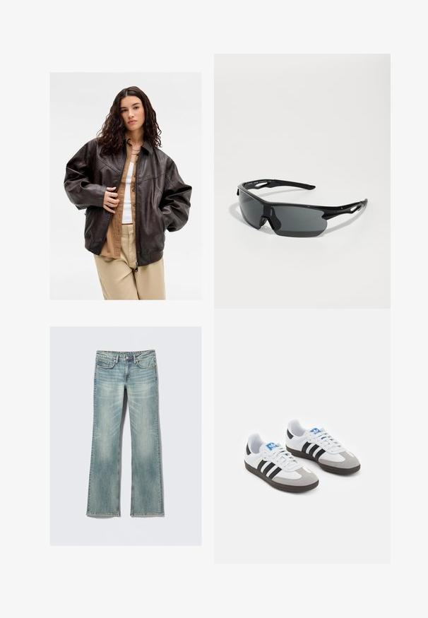 Ung kvinne med langt krøllete hår iført en mørkebrun lærjakke over en beige skjorte og lyse bukser, stående mot en ensfarget bakgrunn.; Hvit tanktopp med tynne svarte stropper som har en stor svart "I" og "NY" tekst, og et rødt hjertegrafikk mellom dem.; Lys blå denimjeans med lett falming, fem lommer, glidelås, og rette ben på hvit bakgrunn.; Sportssko med en hvit skinnoverdel, grå semsket tå og tre svarte striper. Har en blå logo på tungen og en teksturert gummisåle.; Sorte sports solbriller med buede linser, lett plastramme og teksturerte stenger. Strømlinjeformet design med integrert nesepuss.; Svart vevd skinnveske med en slapp design, som har et knyttet stropp og en liten dekorativ gullnagle på toppen.