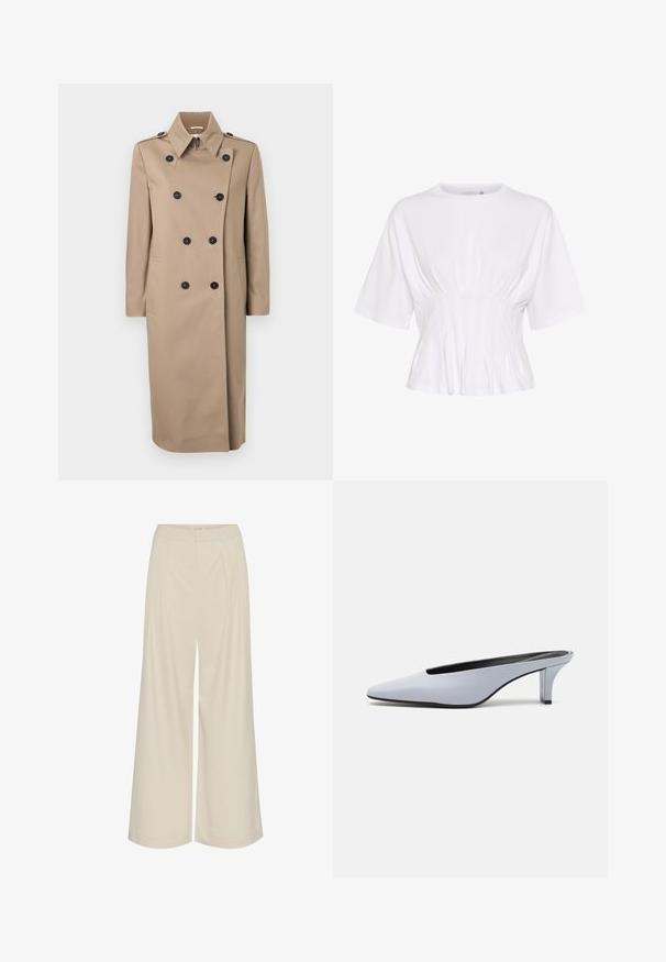 Abrigo trench beige hecho de tela suave, con un diseño de doble botonadura, botones negros, un cuello y bolsillos laterales. La longitud llega hasta la mitad de la pantorrilla.; Top blanco de mangas cortas hecho de una tela suave, con un escote redondo y detalles fruncidos en la cintura para un ajuste ceñido.; Pantalones de pierna ancha en una tela beige claro, con pliegues, una cintura alta y una textura suave sin embellimientos visibles.; Mule de charol azul claro con punta afilada, tacón transparente bajo y un diseño elegante que presenta un corte en la parte superior.
