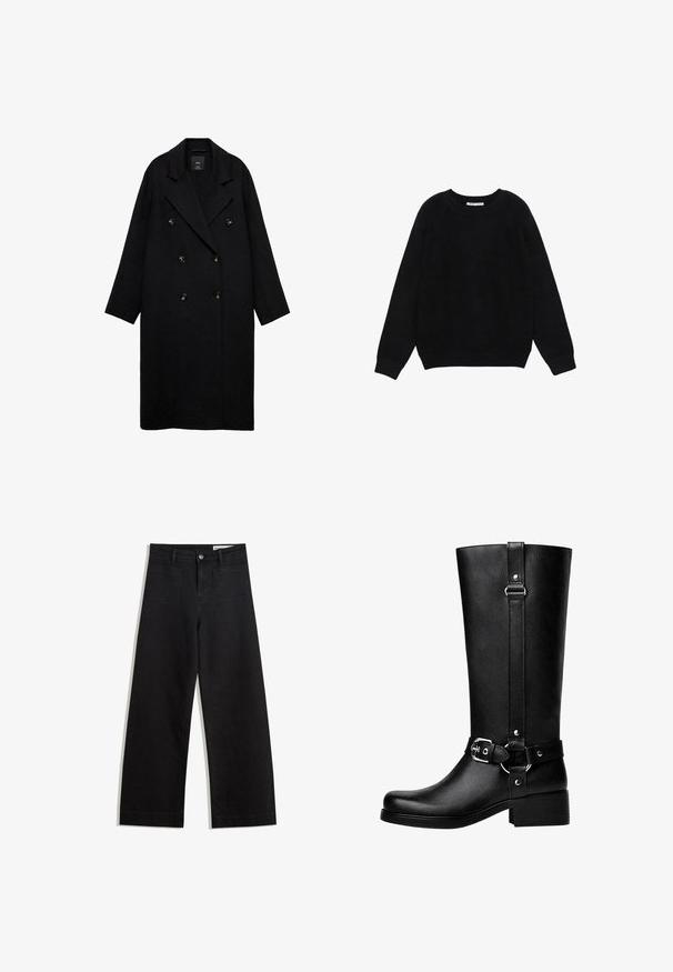 Svart dubbelknäppt kappa med stora slag, tillverkad av ett texturerat tyg. Har guldtonade knappar och en lös, rak passform.; Svart långärmad tröja med rund hals och ribbade muddar och fåll, uppvisad platt på vit bakgrund.; Svarta vida denimbyxor med hög midja, med fram- och bakfickor, sydda sömmar och knappstängning. Slät textur.; Höga svarta låtsasläderstövlar med rund tå, accentdetalj i form av spänne och en kraftig klack. Slät textur och vertikal söm på skaftet.