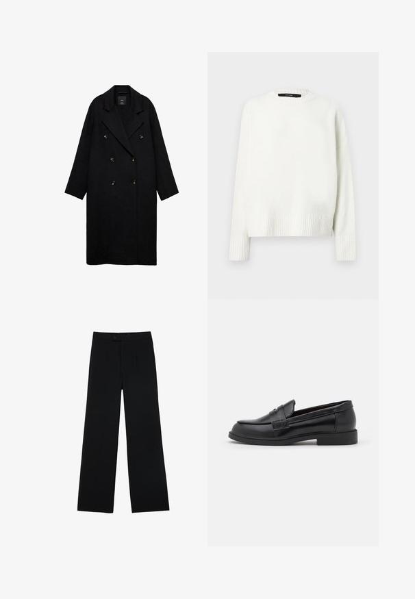 Schwarzer doppelreihiger Mantel mit großen Revers, aus einem strukturierten Stoff gefertigt. Hat goldfarbene Knöpfe und ein lockeres, gerades Design.; Weißer, gestrickter Pullover mit rundem Ausschnitt, gerippten Bündchen und Saum. Weiche Textur und entspannte Passform mit überschnittenen Schultern.; Schwarze weit geschnittene Hosen aus glattem Stoff, mit einem Frontknopfverschluss und zwei Falten für zusätzliche Details. Maßgeschneiderter Gesamteindruck.; Schwarze Lederloafers mit glatter Textur, abgerundeter Zehenpartie, gestickten Details auf dem Obermaterial und einer niedrigen, flachen Gummisohle.
