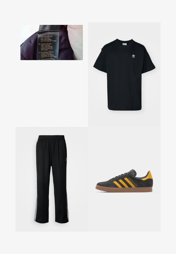 Label on a purple fabric, listing materials: shell 100% nylon, lining 100% nylon, filler 100% polyester, hood 75% cotton, 25% polyester.; Black cotton t-shirt with a crew neck and short sleeves, featuring a small white Adidas logo on the left chest area.; Black athletic pants with an elastic waistband, featuring white side stripes and a small logo. Material appears soft and lightweight.; Black suede sneaker with yellow accents, featuring three stripes and a brown rubber sole. Includes a padded tongue for comfort.