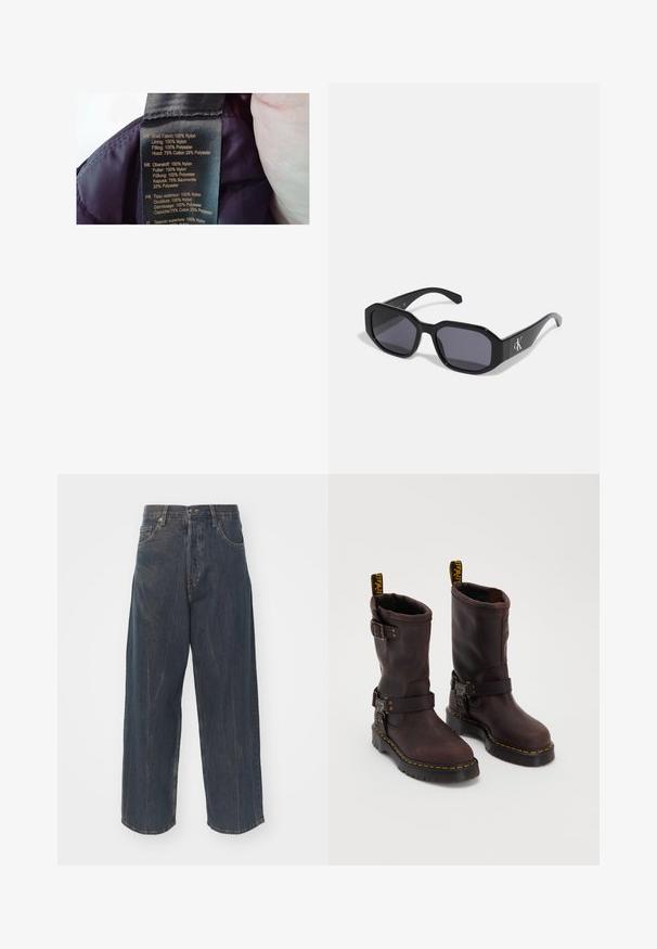 Etiketė purpuriniame audinyje, nurodanti medžiagas: paviršius 100% nailonas, pamušalas 100% nailonas, užpildas 100% poliesteris, kapučiukas 75% medvilnė, 25% poliesteris.; Navy mėlynas polo marškinėliai su raudonomis ir baltomis horizontaliosiomis juostelėmis, trijų mygtukų užsegimas ir mažas Levi's logotipas ant krūtinės. Minkšta medvilnė.; Plati tamsiai mėlyni džinsai su subtiliu suplyšusiu tekstūros, penkios kišenės ir klasikinis mygtukų bei užtrauktuko uždarymas juosmens srityje.; Rudos odiniai batai su vidutinio ilgio dizainu, turintys dirželį ir sagtį, storą juodą pado ir geltonos siūlės akcentus.; Juodi akiniai nuo saulės su aštuonkampiu rėmu, tamsiais lęšiais, blizgiais plastikiniais matiniais ir sidabriniu logotipo akcentu vienoje pusėje.; Ruda odinė sportinė kuprinė su užtrauktuku, dviem rankenomis, reguliuojamu peties diržu ir matomais tekstūros raštais paviršiuje.
