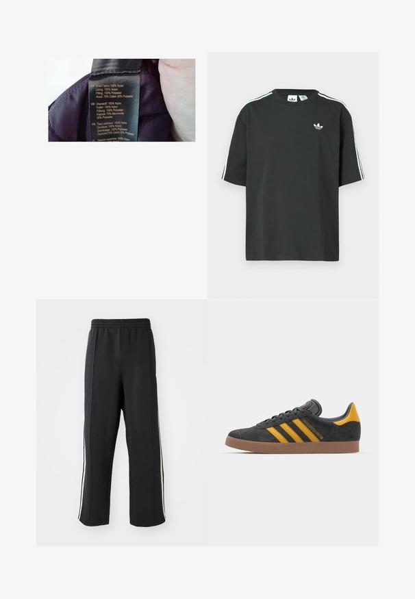 Label on a purple fabric, listing materials: shell 100% nylon, lining 100% nylon, filler 100% polyester, hood 75% cotton, 25% polyester.; Black cotton t-shirt with short sleeves, crew neckline, and white three-stripe detailing on shoulders. Features a small white logo on chest.; Black sweatpants with an elastic waistband, featuring white side stripes and a relaxed fit. Made from soft, stretchy fabric.; Black suede sneaker with yellow accents, featuring three stripes and a brown rubber sole. Includes a padded tongue for comfort.