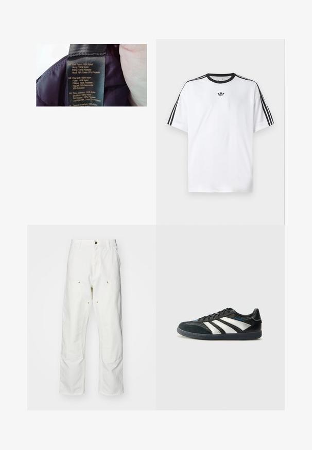 Silt pe lilla kangale, materjalid: peal 100% nailon, vooder 100% nailon, täidis 100% polüester, kapuuts 75% puuvill, 25% polüester.; Valge puuvillane T-särk, millel on must ümmargune kaelus ja kolm musta triipu igal õlal. Rinnal väike must logo.; Valged puuvillased cargo püksid, millel on mugav lõige. Omadusteks on esikotid, kuldse riistvara aktsendid ja tugevdatud põlveosad.; adidas Performance PREDATOR FREESTYLE JUDE INDOOR FOOTBALL SHOES - Saalijalgpalli saapad - core black/silver-coloured/glory blue