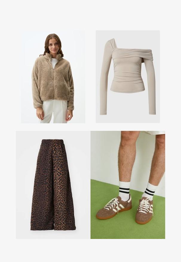 Fluffy beige zip-up jack met een hoge kraag, lange mouwen en een zachte textuur, met een subtiele glans en zonder zichtbare patronen of versieringen.; Beige langärmige top met een off-the-shoulder ontwerp, met een gerimpelde textuur en een aansluitende silhouette. Vlotte, rekbare stof.; Wijdvallende broek van gladde stof, met een bruine achtergrond en een zwart panterprintpatroon, en een elastische tailleband.; Bruine suède sneakers met witte accenten en veters. Rubberen gumzool. Draag met witte sokken met zwarte strepen. Groene gestructureerde vloer.