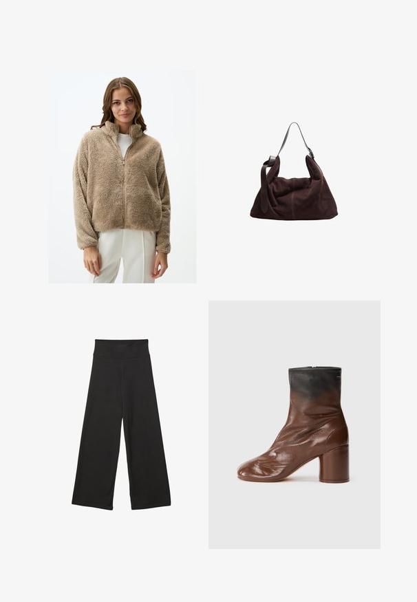Giacca zip-up beige pelosa con colletto alto, maniche lunghe e texture morbida, caratterizzata da una leggera lucentezza e senza pattern o decorazioni visibili.; T-shirt bianco oversize realizzata in morbido cotone. Caratterizzata da maniche corte, un colletto tondo e una vestibilità rilassata senza modelli o dettagli visibili.; Pantaloni neri a gamba larga con vita elastica alta, in tessuto morbido e vestibilità ampia, adatti per l'abbigliamento casual o ambienti rilassati.; Stivaletto in pelle marrone con punta tonda, dotato di una finitura testurizzata, una parte superiore nera e un tacco spesso. Chiusura con zip sul retro.; Borsa a spalla hobo in suede marrone scuro con ampia tracolla in pelle regolabile e corpo morbido e sformato su sfondo bianco.