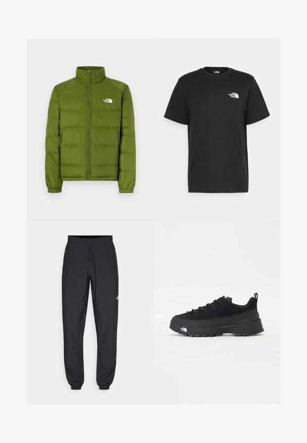 Grønn puffjakke med oppreist krage, full glidelås, to sidelommer og elastiske mansjetter. Har quiltet design og logo på brystet.; Svart bomull t-skjorte med korte ermer, rund hals og en liten hvit logo på venstre bryst. Enkel design, glatt tekstur og avslappet passform.; Sorte idrettsbukser laget av lett stoff, med snor i livet, sidelommer og smale mansjetter ved anklene.; Svart utendørs sneakers med overdel i semsket skinn, teksturert gummisåle og solid snøresystem. Har forsterket hæl og merkevarelogo på siden.