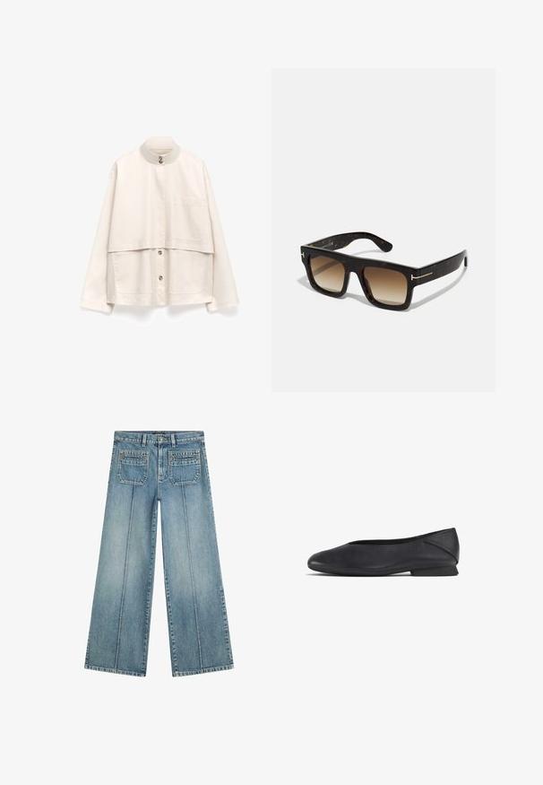 ADOLFO DOMINGUEZ FUNNEL NECK WITH FRONT YOKE - Lichte jas - ecru; Massimo Dutti FLOWING GARMENT WITH SCARF COLLAR - Blouse - mottled dark brown; Lichtblauwe wijde jeans gemaakt van denim, met een hoge taille, twee achterzakken en voorkreukels voor een gestructureerd detail.; Zwarte leren platte schoen met ronde teen en lage hak, ontworpen voor casual of formele gelegenheden.; Schildpad zonnebril met een vierkant frame, een verloop van bruine lenzen en subtiele gouden hardwareaccenten op de slapen.; DRAGON DIFFUSION SANTA CROCE BIG - Handtas - dark brown