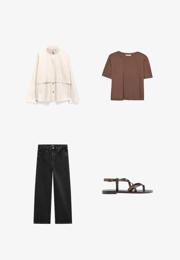 ADOLFO DOMINGUEZ FUNNEL NECK WITH FRONT YOKE - Lichte jas - ecru; Korte mouwen T-shirt in bruin, gemaakt van een zachte stof, met een ronde halslijn en een relaxte pasvorm. Geen zichtbare patronen of accenten.; Wijd gesneden zwarte denim jeans met een subtiel verticaal streepmotief, voorzien van een vijfzakkenontwerp en een klassieke knoopsluiting bij de taille.; Bruine leren sandaal met kruisingen van banden, een enkelgesp-sluiting en een platte zool met minimale stikdetails.