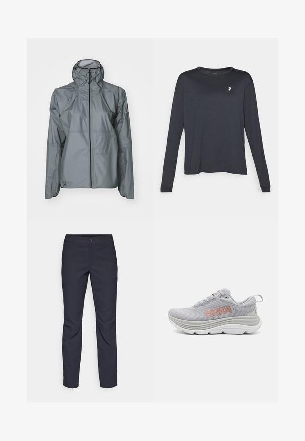Grå vanntett jakke laget av lett materiale, med hette, elastiske mansjetter og en full-lengde glidelås med kontrasterende svart kant.; Mørk langermet T-skjorte laget av teksturert stoff, med rund hals og en liten hvit logo på venstre brystområde.; Marineblå bukser laget av glatt stoff, med frontknappelukking, slim-fit design og pressede detaljer ved knærne.; HOKA GAVIOTA 5 - Løpesko for vei - harbor mist/rose gold