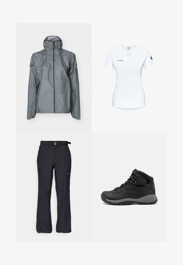 Gray waterproof jacket made of lightweight material, featuring a hood, elastic cuffs, and a full-length zipper with a contrasting black trim.; Short-sleeve white athletic shirt with a round neckline, featuring a logo on the chest and a smooth, lightweight fabric texture.; Black outdoor pants featuring a lightweight fabric, adjustable waistband with a belt, and two front pockets. Designed for comfort and utility.; Black hiking boot with a mid-top design, featuring a textured upper, gray accents, and durable rubber sole with traction lugs.