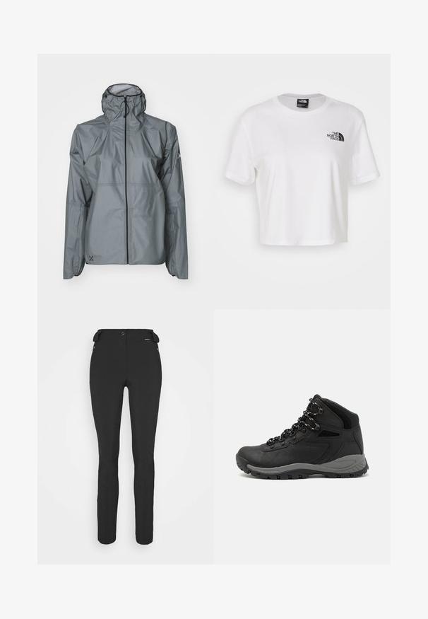 Gray waterproof jacket made of lightweight material, featuring a hood, elastic cuffs, and a full-length zipper with a contrasting black trim.; White cropped t-shirt made of cotton with a round neckline and short sleeves. Features a black logo on the left chest.; Black, fitted pants made from a flexible material. Features include a zippered side pocket, articulated knees, and a smooth texture.; Black hiking boot with a mid-top design, featuring a textured upper, gray accents, and durable rubber sole with traction lugs.