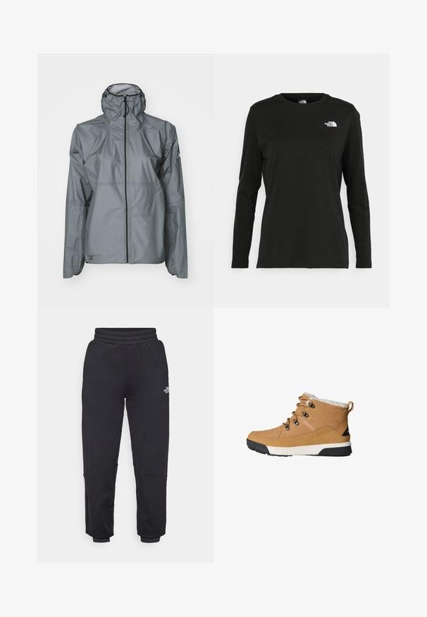 Gray waterproof jacket made of lightweight material, featuring a hood, elastic cuffs, and a full-length zipper with a contrasting black trim.; Black long-sleeve t-shirt made of cotton with a round neck. Features a small white logo on the left chest area. Simple design and fit.; The North Face W MOUNTAIN ATHLETICS FLEECE PANT - Tracksuit bottoms - black; Tan ankle boots with a textured leather upper, fleece lining, round laces, and a rubber outsole featuring a black and white design.