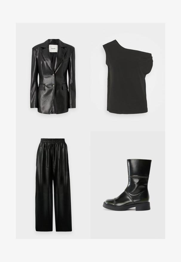 Blazer in pelle nera con rever a punta, due tasche frontali, chiusura con un bottone e una vestibilità leggermente sagomata. Texture liscia.; Top nero asimmetrico con design a spalla unica, realizzato in un tessuto liscio e leggero; presenta una vestibilità comoda e una texture morbida.; Pantaloni ampi in pelle nera con vita elastica, dotati di due tasche laterali e una texture liscia e lucida.; Stivaletto in vera pelle nera con punta tonda, finitura liscia, cuciture a contrasto e tacco a blocco, caratterizzato da una silhouette leggermente affusolata.