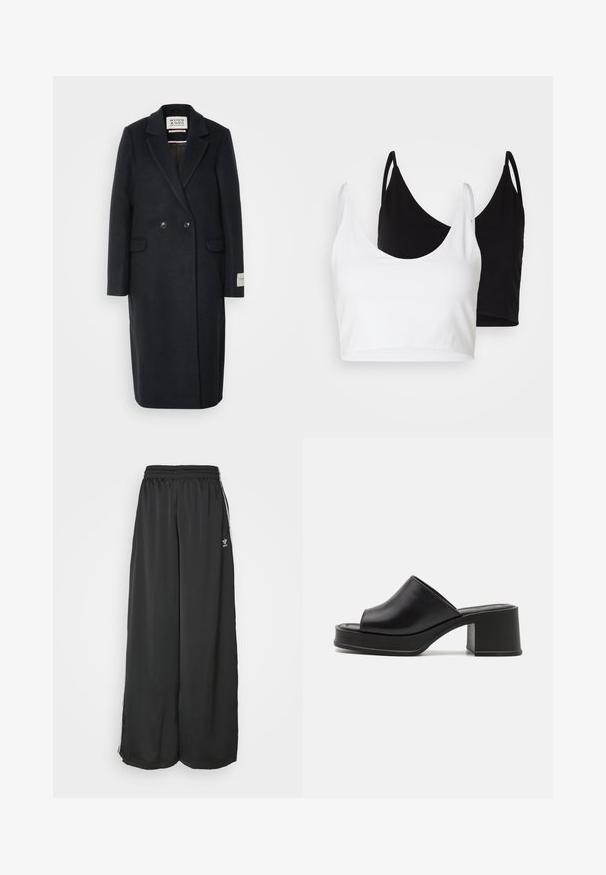 Scotch & Soda SINGLE BREASTED HERRINGBONE COAT - Klasikinis paltas - black and night; Du dujų medvilnės marškinėliai balti ir juodi. Kiekvienas turi giliai iškirptą iškirptę ir plonas petnešas, pasižyminčius lygiu, švelniu tekstūru.; Juoda laisva kelnės sportui, pagamintos iš lygios medžiagos. Turi elastinį juosmenį ir šonines juosteles su logotipo akcentais.; Juodi odiniai platforminiai mulesai su suapvalintu atviru pirštu, žemu blokiniu kulnu ir lygiu paviršiumi. Minimalistinis dizainas su elegantiškomis linijomis.