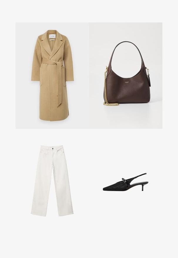 IVY OAK CELIA - Klassisk frakke - caramel; Hvid kortærmet sweater med et kabelstrik mønster, rund halsudskæring og ribbet kant. Blød tekstur, afslappet pasform og rent design.; Hvide bukser med vidde lavet af denim, med høj talje, fem lomme-design og metalknaplukning. Glat tekstur, ingen mønstre.; Sorte slingback hæle med spidse tæer, tekstureret mesh-overdel, slank justerbar rem med sølvspænde og 5 cm stilettohæle.; COACH BROOKLYN SHOULDER BAG 23 - Håndtasker - maple