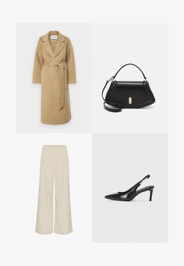 IVY OAK CELIA - Cappotto classico - caramel; Maglietta in cotone nera con scollatura tonda, maniche corte e logo ricamato sul petto. Design semplice e vestibilità rilassata senza motivi.; Pantaloni a gamba larga in un tessuto beige chiaro, caratterizzati da pince, vita alta e una texture liscia senza decorazioni visibili.; Scarpa nera in pelle con tacco alto e cinturino alla caviglia, punta affusolata, superficie liscia e dettagli in metallo dorato.; Borsa a mano in pelle nera con un design strutturato, caratterizzata da una forma corta, manico superiore e accessori in metallo dorato. Inclusa tracolla regolabile.