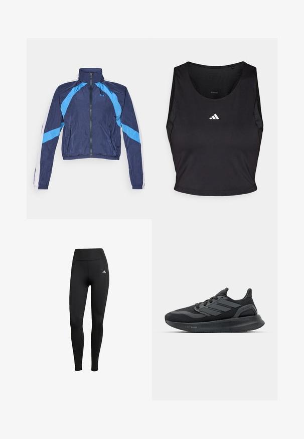 Tamsiai mėlynas vėjyje atsparus džemperis su šviesiai mėlynomis detalėmis, užtrauktuku, aukšta apykakle ir elastinėmis rankovėmis. Pagamintas iš lengvo, blizgaus audinio.; Juodas sportinis trumpas viršus, pagamintas iš drėgmę pašalinančios medžiagos, su apvaliu kaklu, be rankovių ir baltu logotipu ant krūtinės.; Juodi sportiniai legingai su aukštu juosmeniu. pagaminti iš elastingos medžiagos, su baltu logotipo akcentu viršutiniame kairiajame kampe.; Juodos sportinės bateliai su tinklu, tekstūruotomis detalėmis, trimis juostelėmis ir išlenktu padu, pažymėtu "LIGHT BOOST".