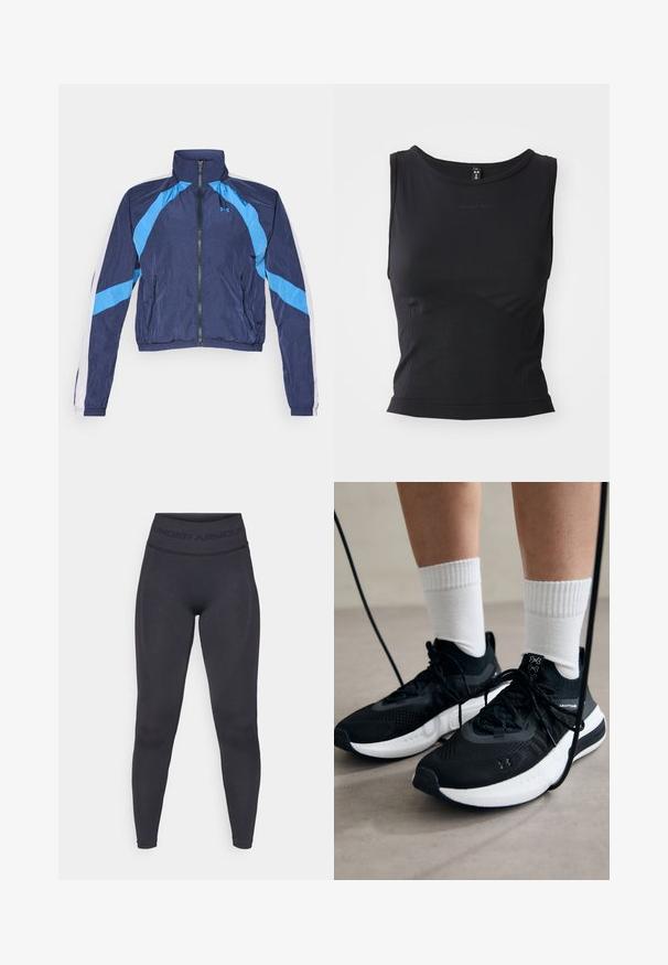 Marineblaues Windbreaker-Jacke mit hellblauen Akzenten, Reißverschluss, hohem Kragen und elastischen Bündchen. Hergestellt aus leichtem, glänzendem Stoff.; Schwarzes ärmelloses Sporttop aus glattem Material, mit rundem Ausschnitt und taillierter Silhouette, ausgestattet mit dezenten Logodetails.; Schwarze Leggings mit einem hohen, elastischen Bund, der den Schriftzug "UNDER ARMOUR" trägt. Glatte Textur mit subtilen Musterakzenten entlang der Beine.; Schwarze Sportschuhe aus strukturiertem Stoff, mit weißer Sohle und schwarzen Schnürsenkeln. Tragen mit weißen gerippten Socken, stehen auf einer hellen Fläche.