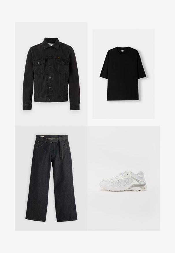 Črna jeans jakna s klasičnim dizajnom, ki ima dve žepni prednji strani, gumba za zapiranje in rahlo teksturirano površino.; Črna bombažna majica s kratkimi rokavi, okroglim izrezom in sproščenim krojem. Gladka tekstura in minimalistična zasnova, brez vzorcev ali dodatkov.; Temne jeans hlače širokega kroja z pasom na zadrgo, ki imajo sprednje žepe in kontrastno šivanje. Gladka struktura z brezhibnim dizajnom.; Bela športna čevlja s površinami iz mrežaste tkanine, strukturiranimi površinami in elegantnim dizajnom. Okrašena s svetlo sivimi detajli in podplatom s podlogo.