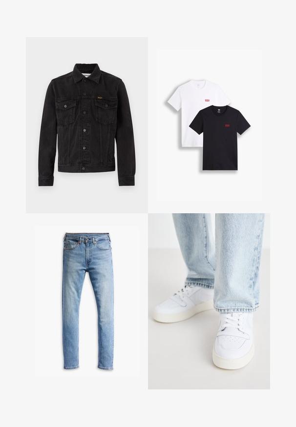 Giacca di denim nera con un design classico, dotata di due tasche sul petto, chiusura con bottoni e una finitura leggermente texture.; Due magliette a maniche corte: una bianca e una nera. Entrambe in cotone con un logo rosso di Levi's sul petto. Design semplice con scollo rotondo.; Jeans in denim blu chiaro con un design a gamba diritta, cinque tasche, chiusura con bottone e una leggera sbiaditura su tutto il tessuto.; Sneakers bianchi in pelle a bassa punta con punta perforata, lacci piatti e design minimalista. Abbinati a jeans di denim azzurro chiaro.