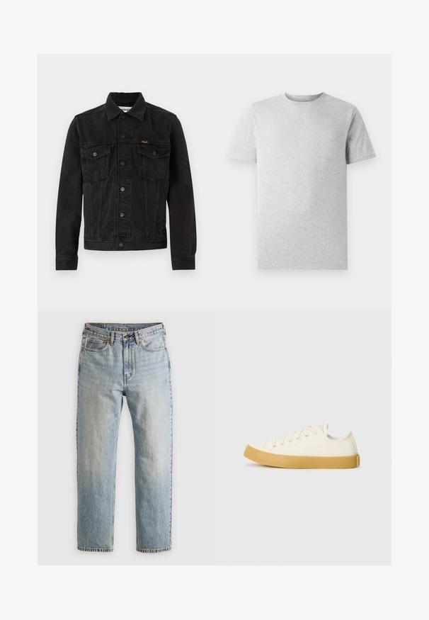 Crna traper jakna klasičnog dizajna, s dva džepa na prsima, dugmetima sprijeda i blago teksturiranim finisom.; Jednobojna svijetlosiva majica kratkih rukava s okruglim izrezom prikazana na bijeloj pozadini, s prednje strane bez vidljivih logotipa ili dizajna.; Svijetloplave traperice visoki struk, prednji gumb, zatvarač i dizajn s pet džepova, položene ravno na neutralnoj pozadini.; Platnene tenisice u boji slonovače s okruglim vrhom, s bež gumenim potplatima i pet rupa za vezivanje, teksturalna površina na gornjem dijelu.