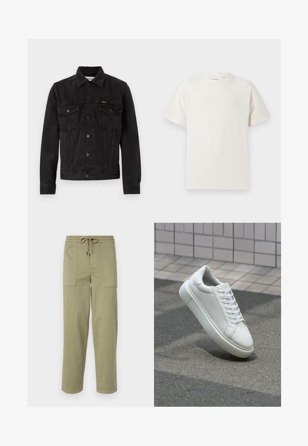 Jaqueta de ganga preta com um design clássico, apresentando dois bolsos no peito, um botão na frente e um acabamento ligeiramente texturizado.; T-shirt branco de manga curta em textura canelada. Gola redonda, ajuste descontraído, sem padrões ou detalhes visíveis. Design simples e versátil.; Calças verde-oliva claras feitas de um tecido de algodão misto, com um cós elástico com cordão e dois bolsos laterais grandes.; Tênis de couro branco com superfície lisa, bico redondo e cadarços brancos planos. Apresenta uma sola de borracha texturizada e elementos de design minimalistas.