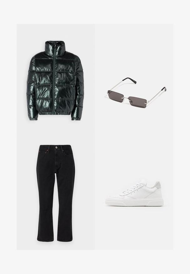 Only & Sons ONSPRIM PUFFER JACKET - Winterjacke - darkest spruce; Schwarz- und graues Karo-Jacket mit einem Kragen, Knopfleiste und zwei Brusttaschen. Hergestellt aus einem strukturierten Stoff.; Schwarze Jeans aus Denim mit geradem Bein, Fünf-Taschen-Design und metallischen Elementen mit Kupferakzenten. Glatte Textur und mittelhoher Bund.; Weiße Leder-Sneaker mit glatter Oberfläche, rundem Zehenbereich, flachen Schnürsenkeln und strukturiertem Schuhsohlen. Graues Wildleder-Detail an der Ferse.; Sonnenbrille mit rechteckigen, dunkelgrauen Gläsern, silbernen Metallrahmen und schwarzen Kunststoffenden an den Bügeln. Leichtes Design mit Nasenpads.