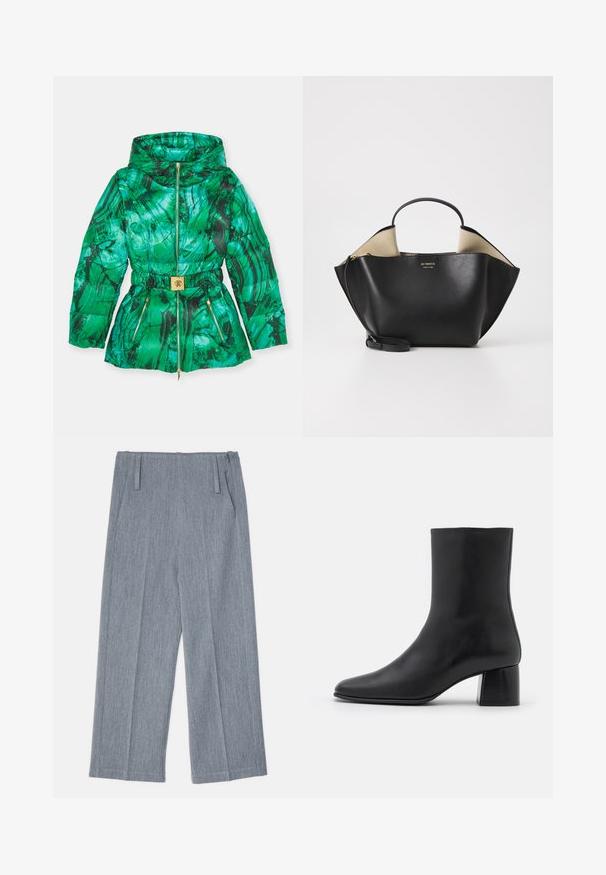 Green puffer jacket with a marbled pattern, featuring a cinched waist, zippered pockets, and a gold-tone belt buckle accent.; AERON TENDER LONG SLEEVED - Jumper - black; Light gray, wide-leg trousers made of textured fabric, featuring two front pleats and two side pockets. Clean, tailored design.; Black leather ankle boot with a pointed toe and a chunky square heel. Smooth texture with a seamless design and minimalistic stitching.; Ree Projects ANN TOTE MINI - Handbag - black