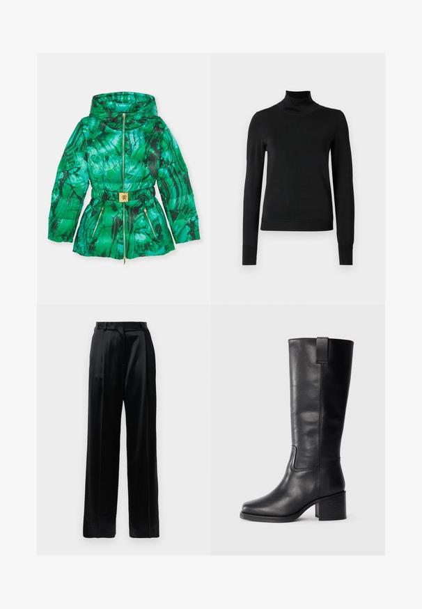 Zelená péřová bunda s mramorovým vzorem, s nařaseným pasem, zipovými kapsami a zlatým přezkovým detailem.; Černý dlouhý rukáv rolák se žebrovanými manžetami a lemem, vystavený na čistě bílém pozadí.; Černé saténové kalhoty s vysokým pasem a rovnými širokými nohavicemi, s poutky na opasek a s plochým předním zapínáním na bílém pozadí.; Černé kožené kozačky až ke kolenům s hladkým povrchem, čtveratou špičkou, širokým podpatkem a bočním poutkem, se minimalizovanými švy.