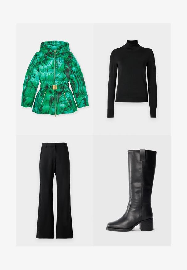 Zöld puffermellény márványos mintával, összefogott derékrésszel, cipzáras zsebekkel és aranyszínű övcsattal kiemelve.; Fekete, hosszú ujjú garbós pulóver bordás mandzsettákkal és aljjal, sima fehér háttér előtt bemutatva.; Fekete, bő szabású nadrág könnyű anyagból, amelynek oldalán csipkés díszítés található. Strapabíró derékpánt és sima, elegáns textúra.; Fekete bőr, térd fölé érő csizmák sima textúrával, négyzetes orral, tömbsarkúval és oldalsó húzófüllel, minimális varrási részletekkel.