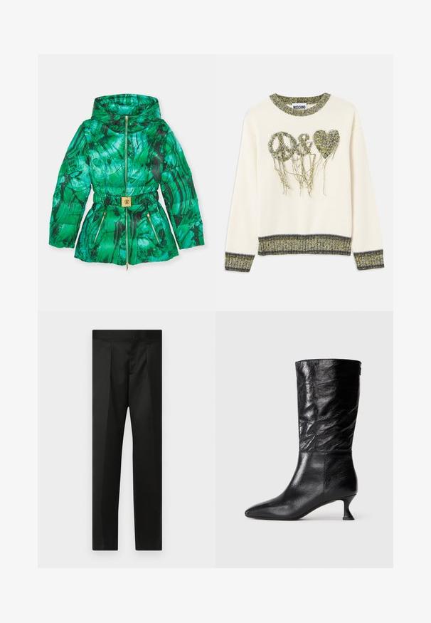 Grön puffjacka med ett marmorerat mönster, utrustad med indragen midja, zip-fickor och en bälte i gulgton.; Krämfärgad tröja med "peace" och hjärtformade mönster i texturerad grön garn. Har en ribbad halsringning och muddar med kontrasterande mörka accenter.; Svarta byxor med en slät tygkvalitet, skärning, raka ben och en platt midja utan synliga stängningar eller fickor.; Svart läderstövel med midikalvslängd, spetsig tå, rynkad övre textur och låg rund kittenklack på en enkel vit bakgrund.