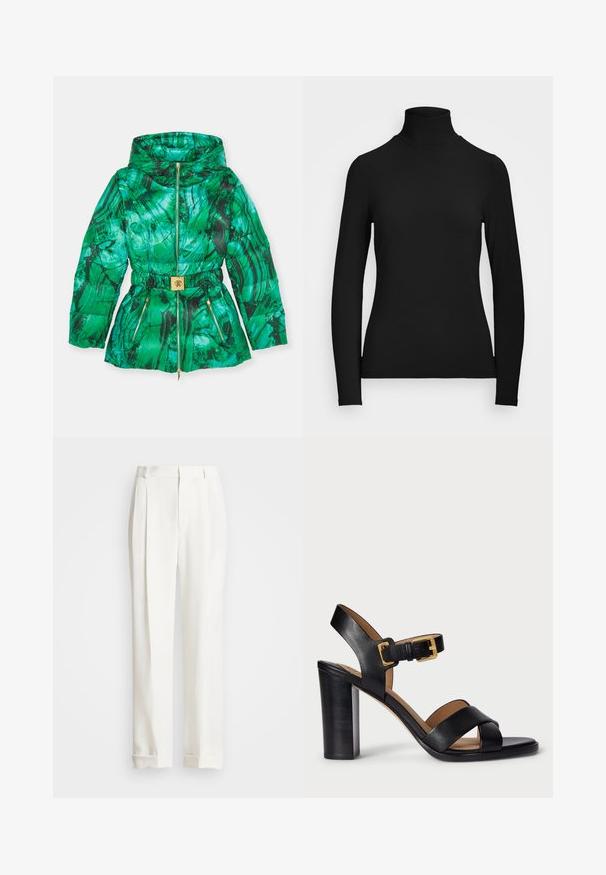 Zelena pufasta jakna s mramornim uzorkom, koja ima suženi struk, džepove sa patentnim zatvaračem i akcent zlatne kopče na remenu.; Crna dugokosna majica s visokim ovratnikom izrađena od glatkog materijala. Ima visoki ovratnik i prilagođeni kroj bez vidljivih uzoraka ili naglasaka.; Bijele krojene hlače s dva prednja nabora, ravnog kroja i preklopljenim rubovima. Napravljene od glatkog materijala, s klasičnim dizajnom.; Crne kožne sandale s potpeticom s dizajnom s križanjem trakama i kopčanjem. Imaju debelu potpeticu i glatku teksturu.